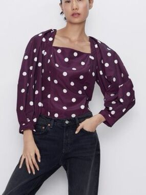Zara Plum Polka Dot Long Sleeve Blouse with Cream Dots